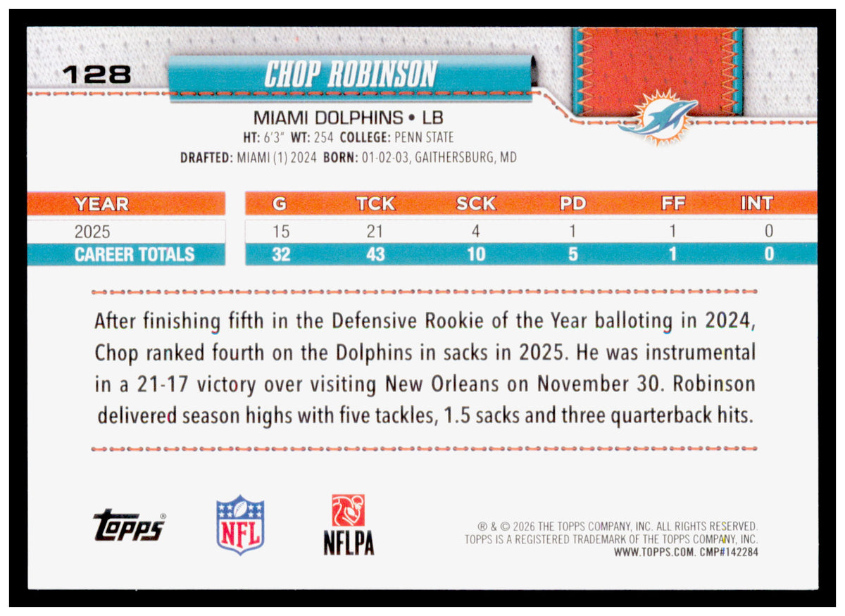 2026 Topps Flagship Football Chop Robinson  Football Leather Parallel Dolphins