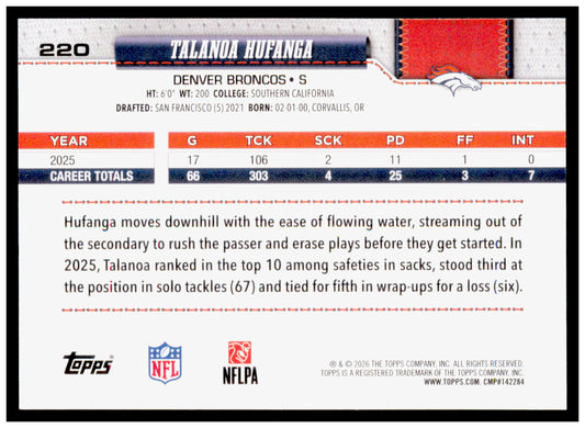 2026 Topps Flagship Football Talanoa Hufanga Football Leather Parallel Broncos