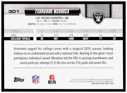2026 Topps Flagship Fernando Mendoza  Las Vegas Raiders