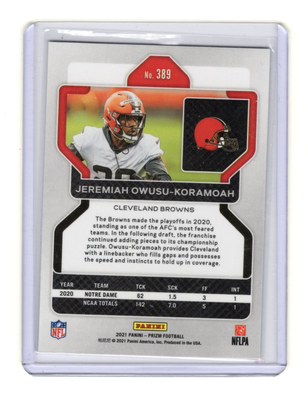 2021 Panini Prizm Jeremiah Owusu-Koramoah Card RC Cleveland Browns