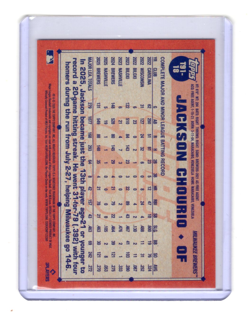 2026 Topps Jackson Chourio Card 1991 Topps Baseball 35th Anniversary Series 1