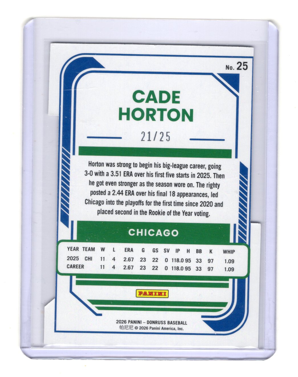 2026 Donruss Cade Horton Card Gold Die Cut SN Chicago Cubs
