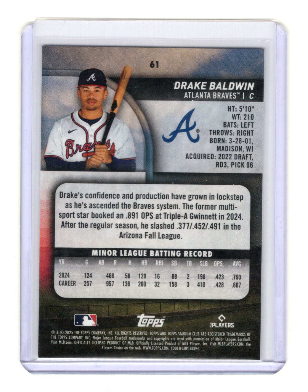 2025 Stadium Club Drake Baldwin Card RC Atlanta Braves