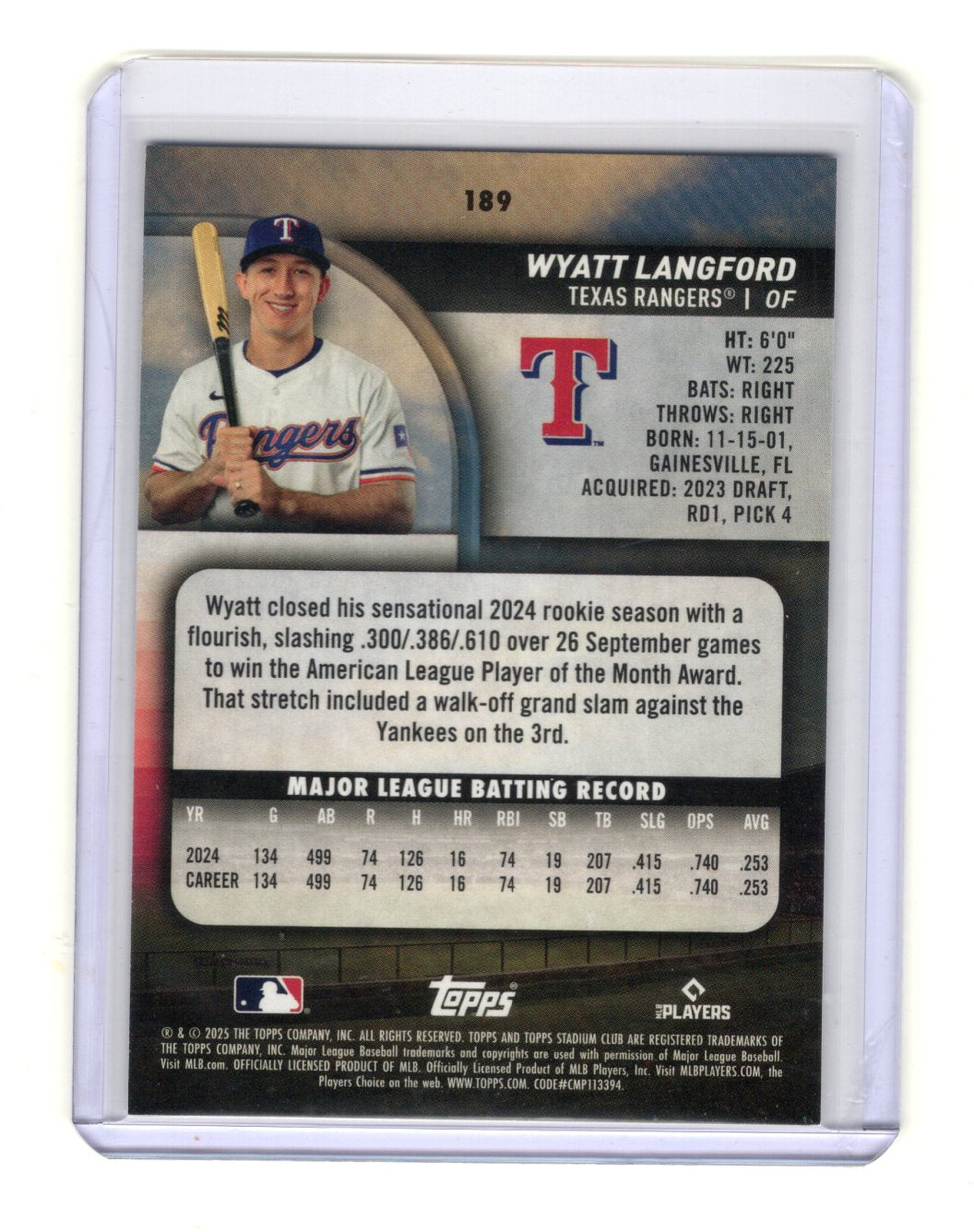 2025 Stadium Club Wyatt Langford Card Texas Rangers