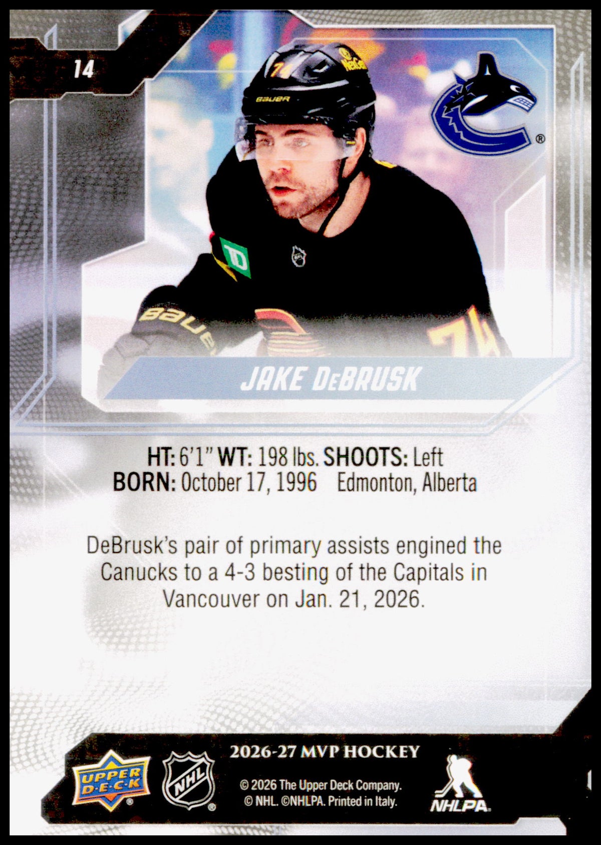 2026-27 Upper Deck MVP Jake DeBrusk Card Vancouver Canucks