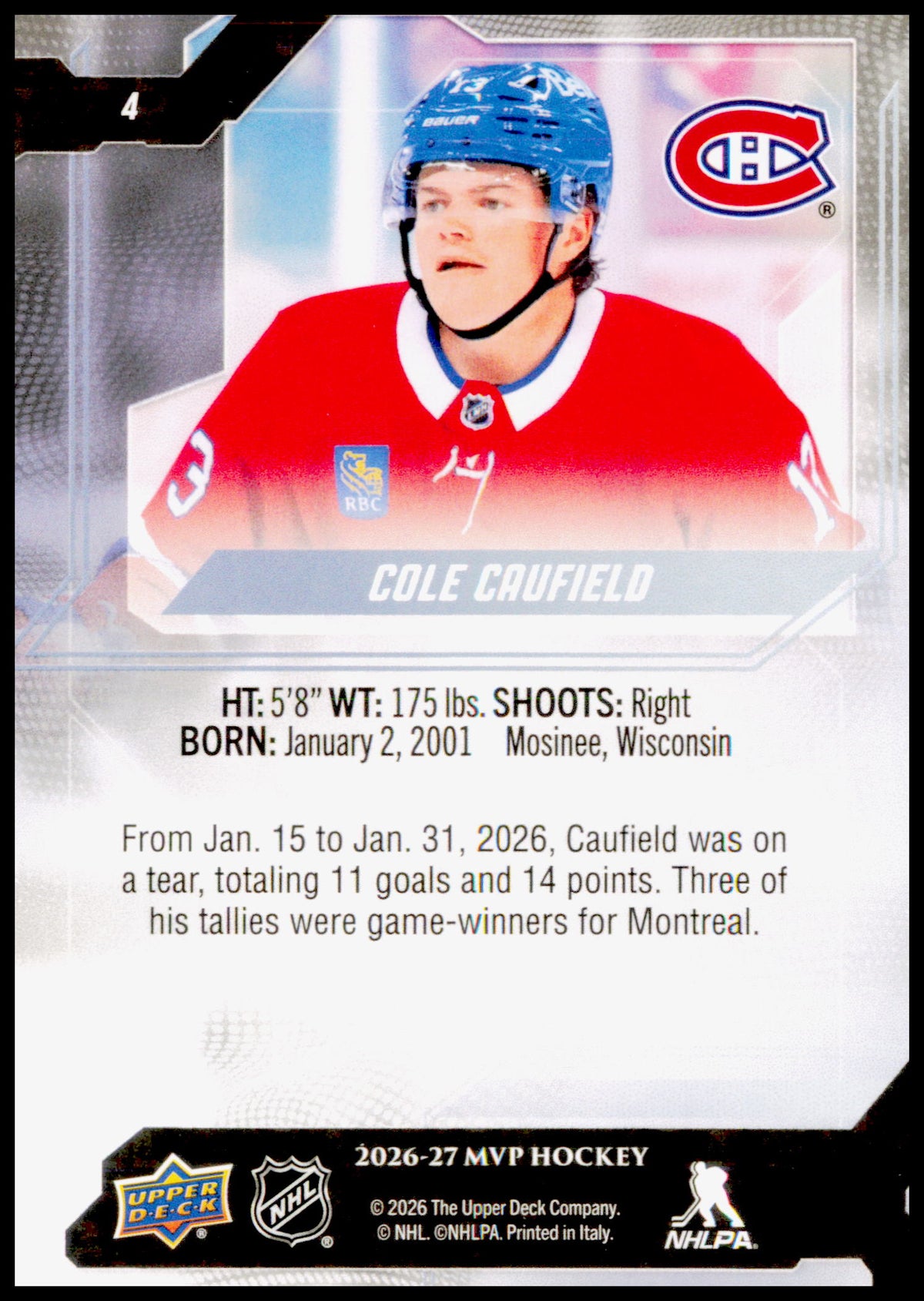 2026-27 Upper Deck MVP Cole Caufield Card Montreal Canadiens