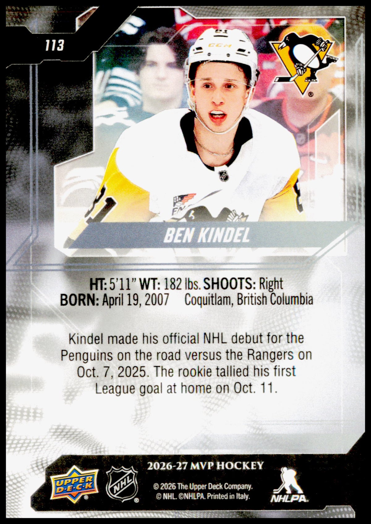 2026-27 Upper Deck MVP Ben Kindel Card Pittsburgh Penguins