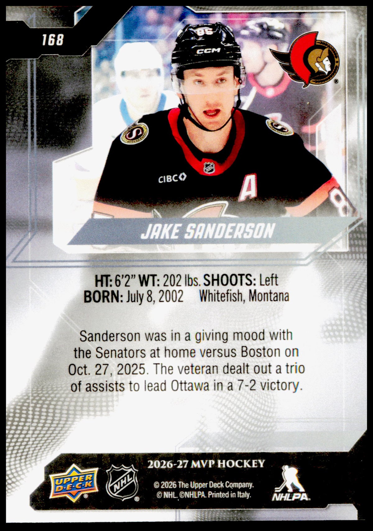 2026-27 Upper Deck MVP Jake Sanderson Card Ottawa Senators