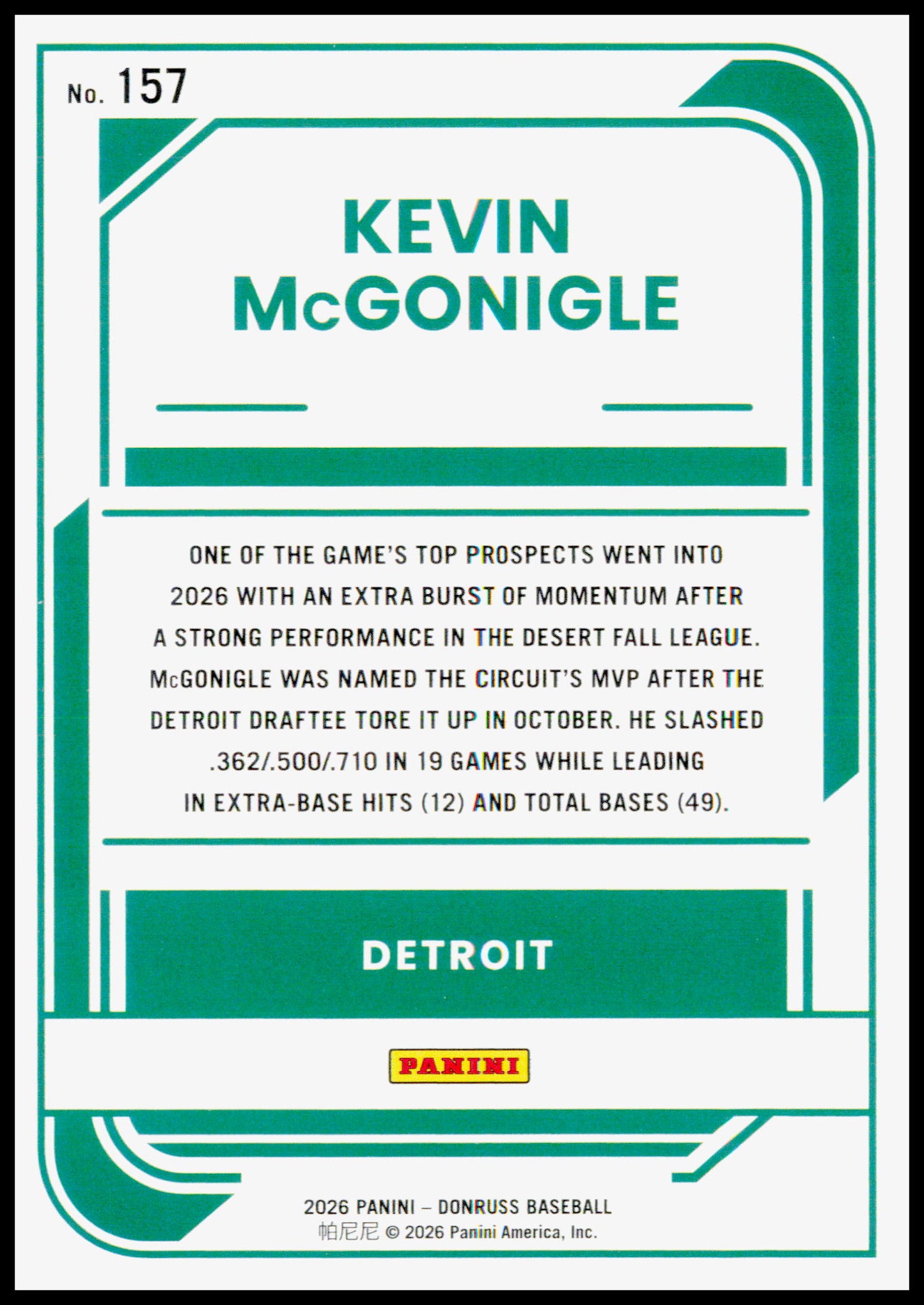 2026 Donruss Kevin McGonigle Card Rockets Detroit Tigers