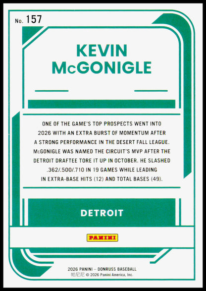 2026 Donruss Kevin McGonigle Card Rockets Detroit Tigers