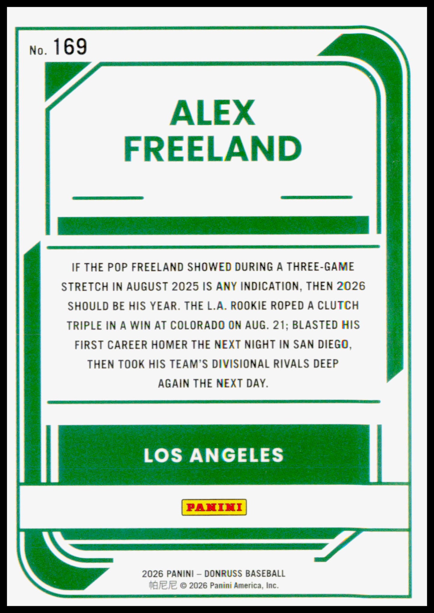 2026 Donruss Alex Freeland Card Optic RC Los Angeles Dodgers