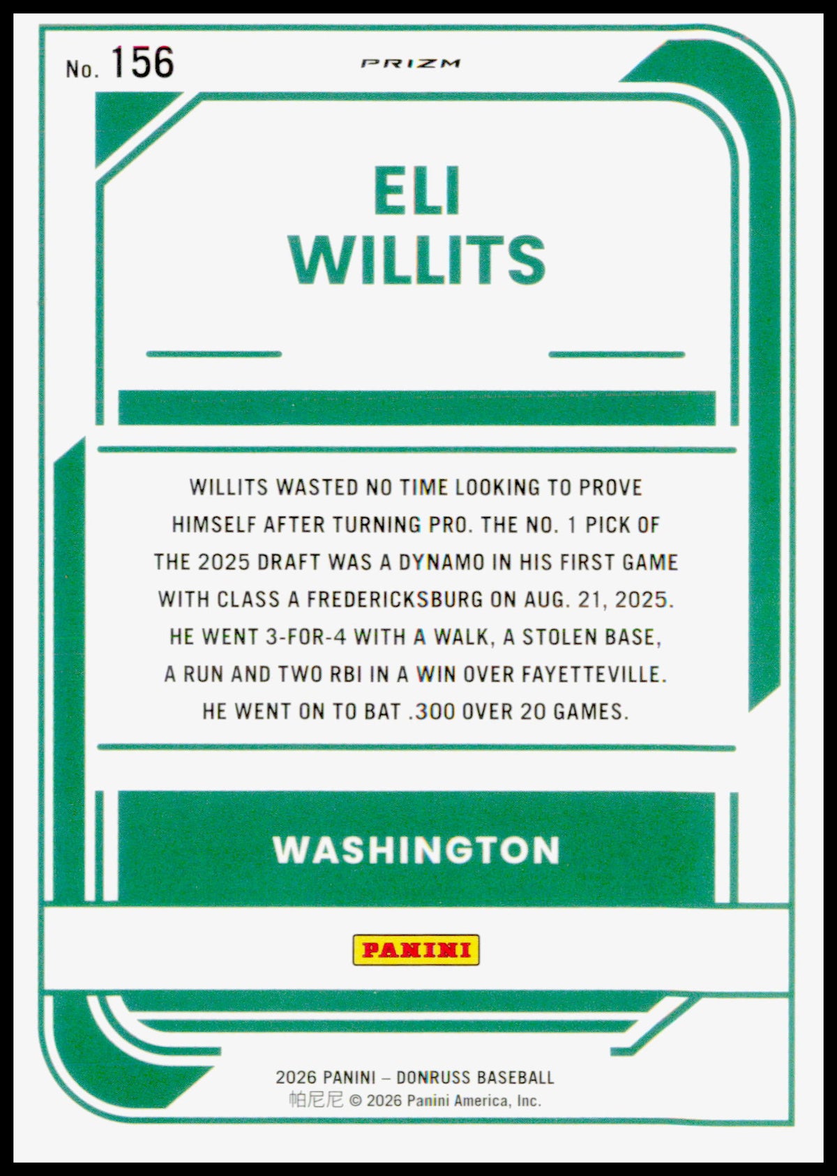 2026 Donruss Eli Willits Card Optic Orange Velocity Washington Nationals