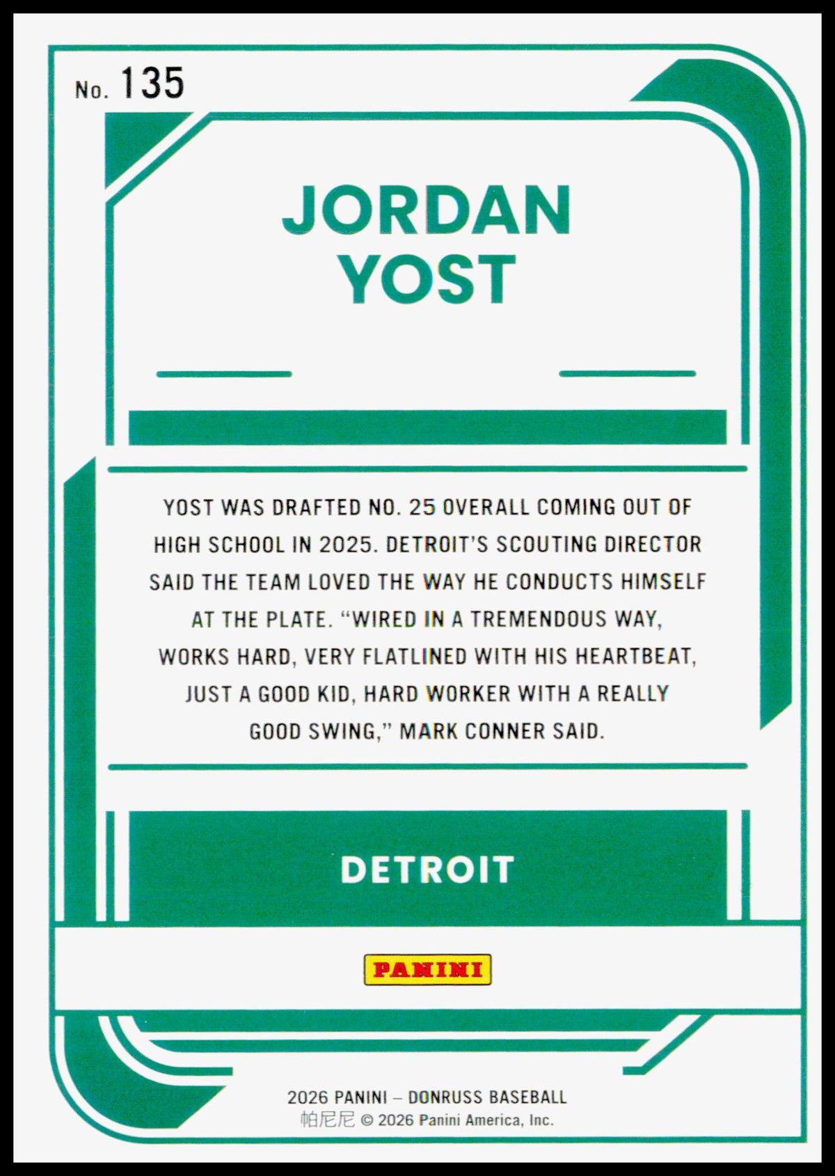 2026 Donruss Jordan Yost Card Rockets Detroit Tigers