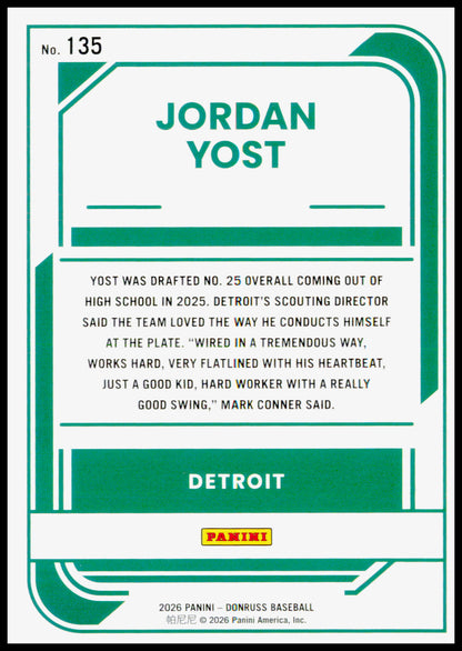 2026 Donruss Jordan Yost Card Rockets Detroit Tigers