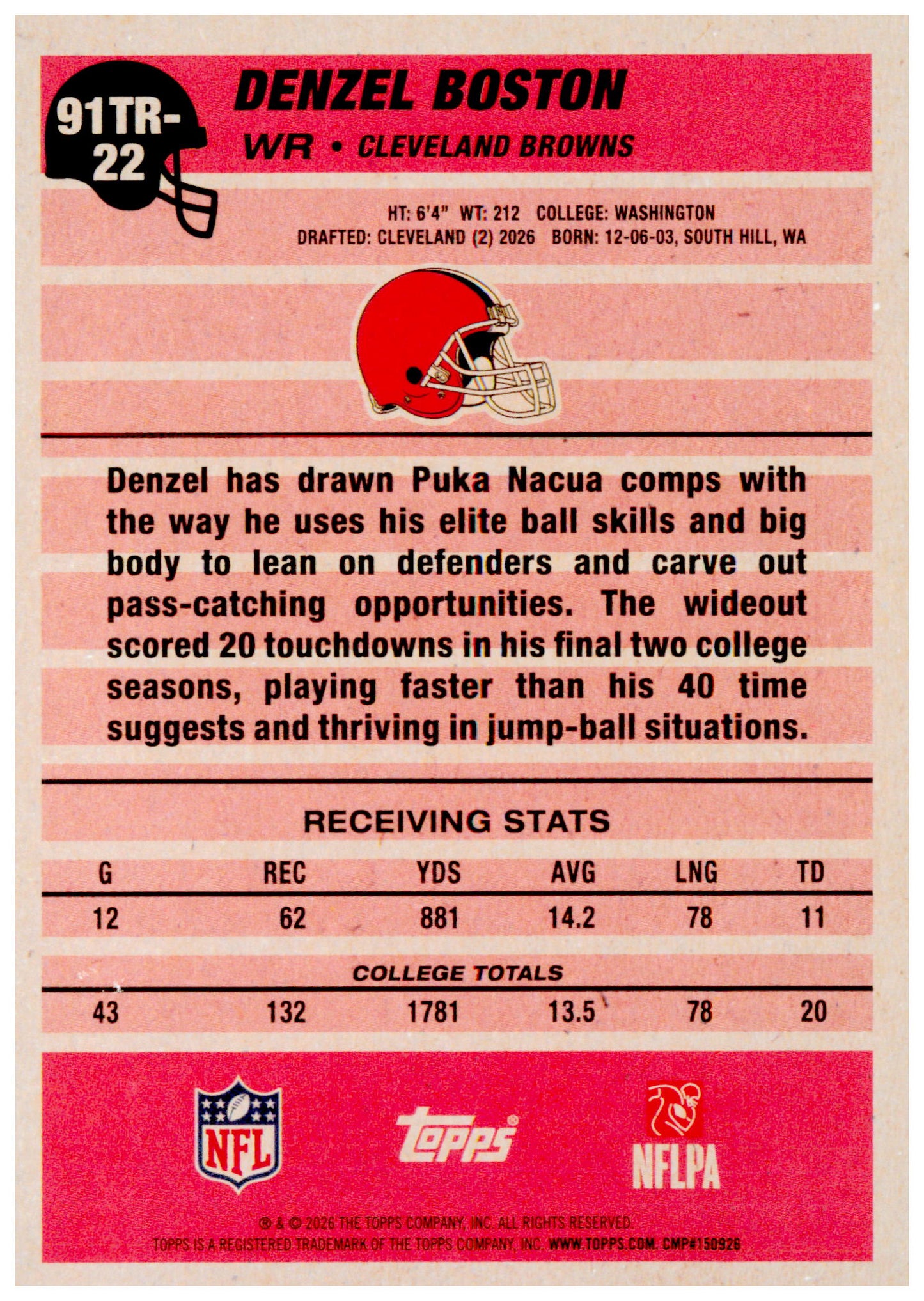 2026 Topps Flagship Denzel Boston Card 1991 Topps Football Rookies Browns