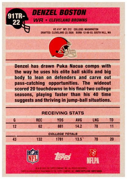 2026 Topps Flagship Denzel Boston Card 1991 Topps Football Rookies Browns