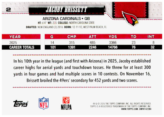 2026 Topps Flagship Jacoby Brissett Card Football Arizona Cardinals