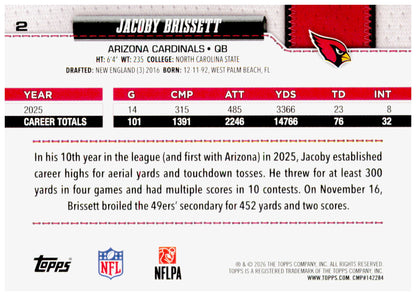 2026 Topps Flagship Jacoby Brissett Card Pink Holo Foil Arizona Cardinals