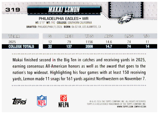 2026 Topps Flagship Makai Lemon Card Football Philadelphia Eagles