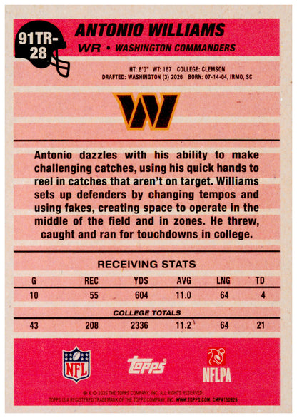2026 Topps Flagship Antonio Williams 1991 Topps Football Rookies  Commanders