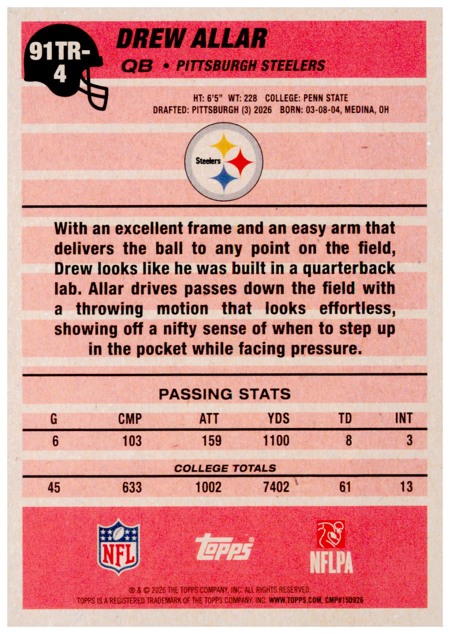 2026 Topps Flagship Drew Allar 1991 Topps Football Rookies Pittsburgh Steelers