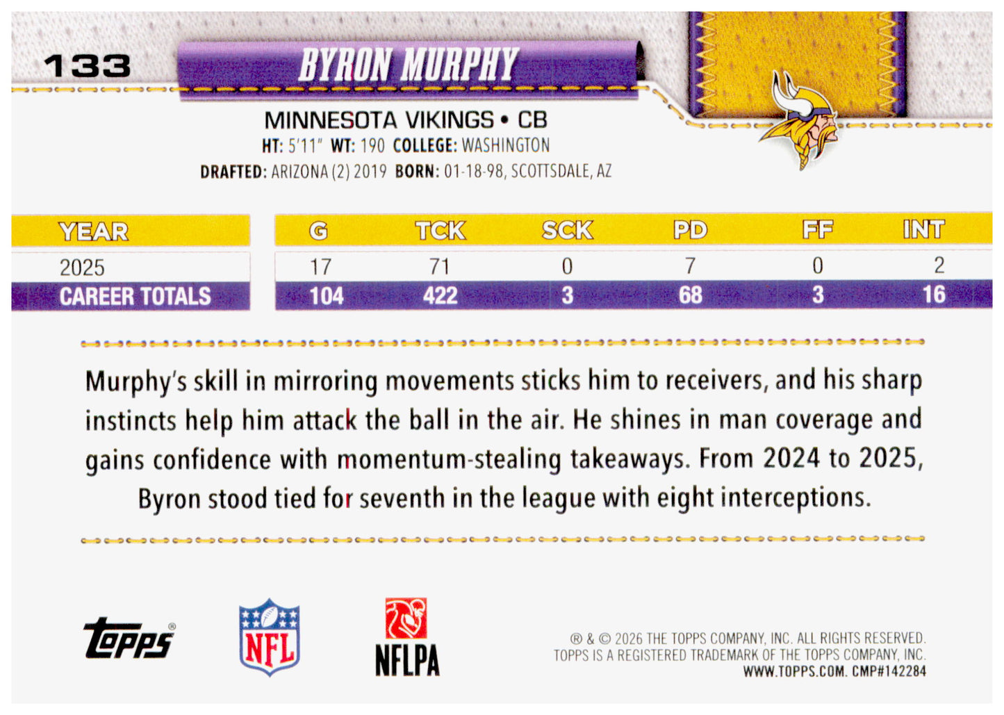 2026 Topps Flagship Byron Murphy Card Holo Foil Minnesota Vikings