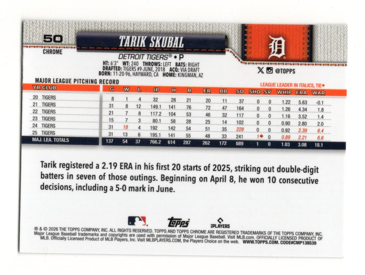 2026 Topps Chrome Tarik Skubal Card Detroit Tigers