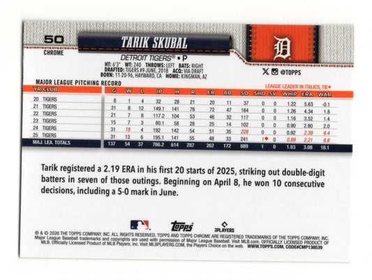 2026 Topps Chrome Tarik Skubal Card Detroit Tigers