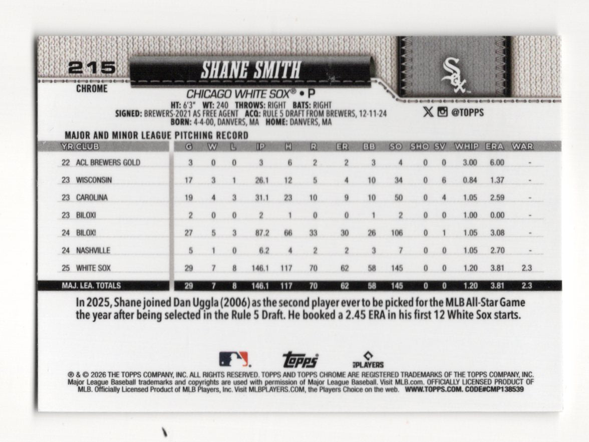 2026 Topps Chrome Shane Smith Card Chicago White Sox