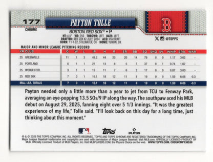 2026 Topps Chrome Payton Tolle Card RC Boston Red Sox