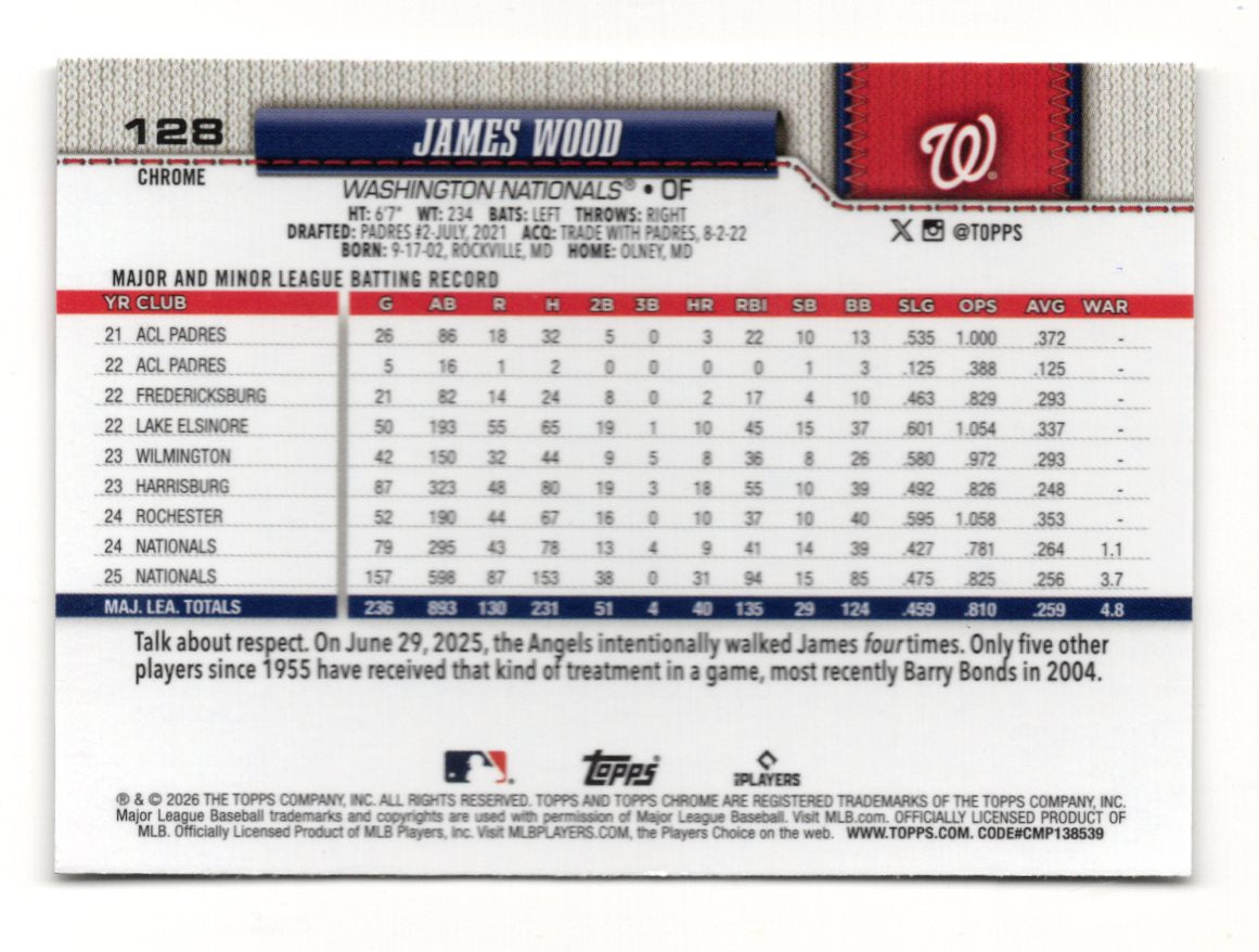 2026 Topps Chrome James Wood Card Washington Nationals