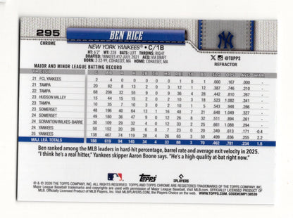 2026 Topps Chrome Ben Rice Card Refractors New York Yankees