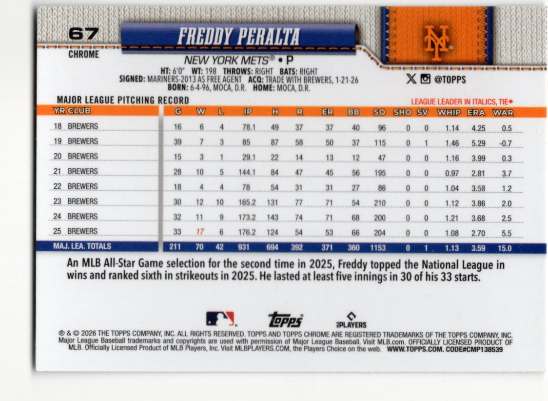 2026 Topps Chrome Freddy Peralta Card Milwaukee Brewers