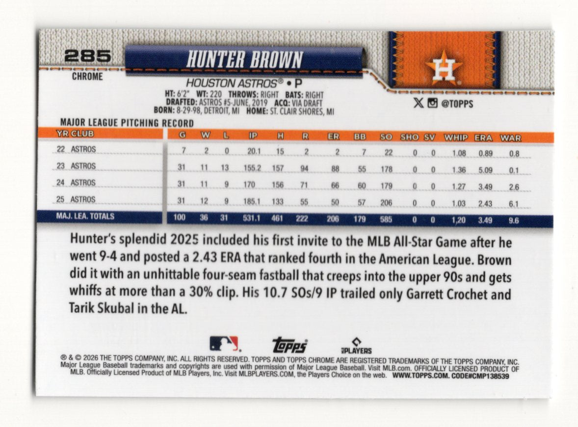 2026 Topps Chrome Hunter Brown Card Houston Astros