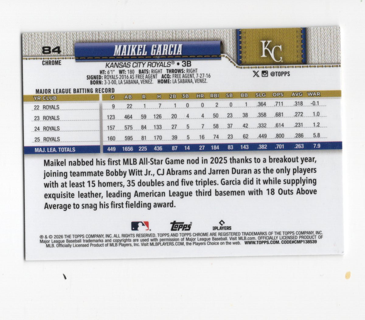 2026 Topps Chrome Maikel Garcia Card Kansas City Royals