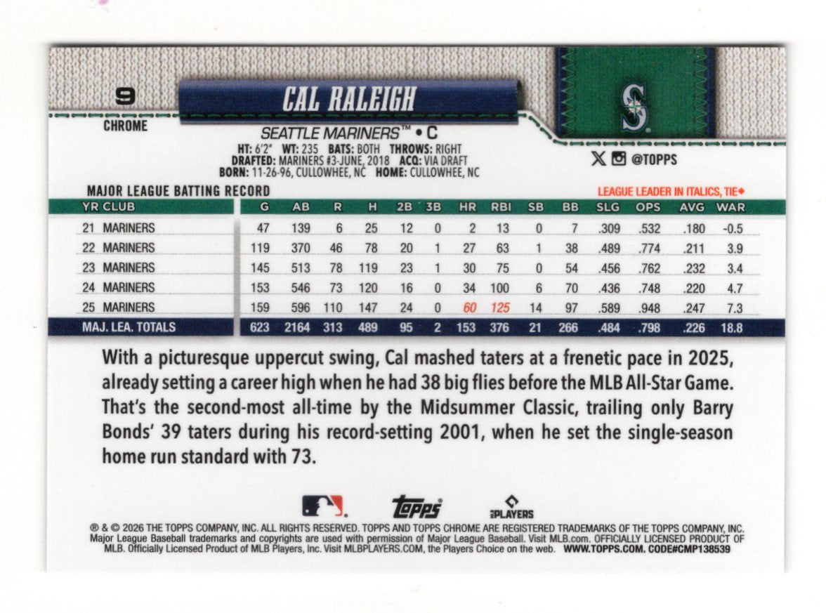 2026 Topps Chrome Cal Raleigh Card Seattle Mariners