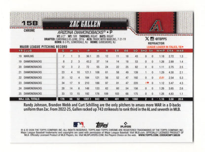 2026 Topps Chrome Zac Gallen Card Topps Refractor Arizona Diamondbacks