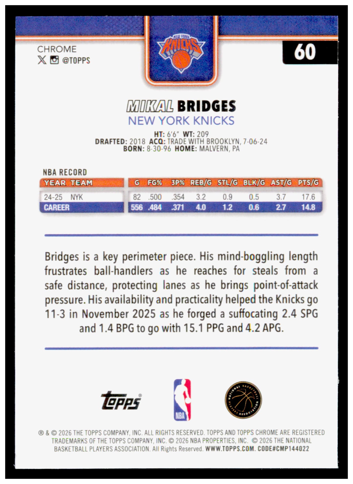 2025-26 Topps Chrome Update Mikal Bridges Card New York Knicks