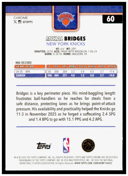 2025-26 Topps Chrome Update Mikal Bridges Card New York Knicks