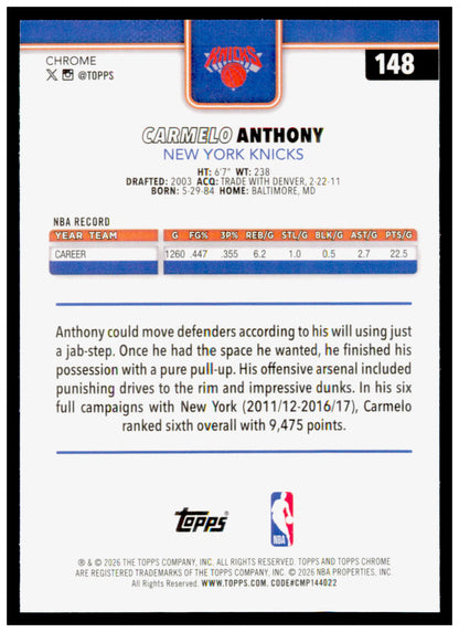 2025-26 Topps Chrome Update Carmelo Anthony Card New York Knicks