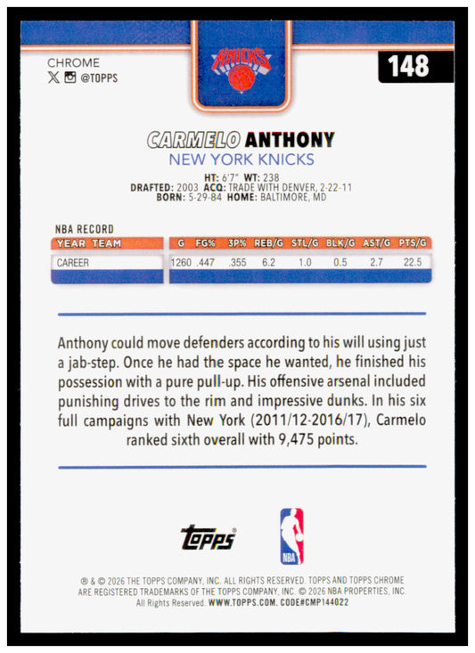 2025-26 Topps Chrome Update Carmelo Anthony Card New York Knicks