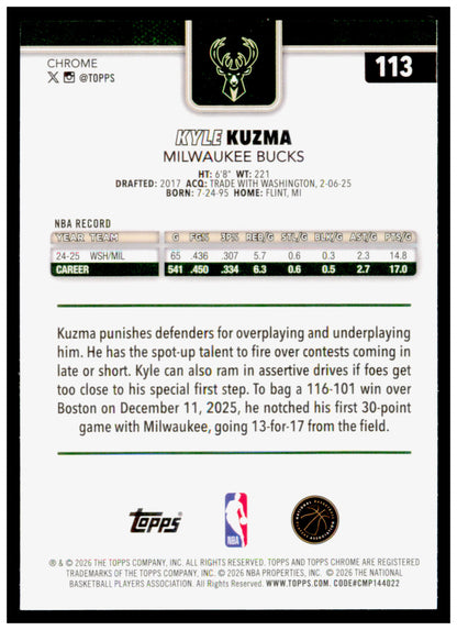 2025-26 Topps Chrome Update Kyle Kuzma Card Milwaukee Bucks