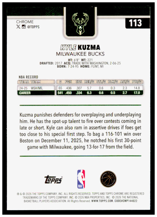 2025-26 Topps Chrome Update Kyle Kuzma Card Milwaukee Bucks