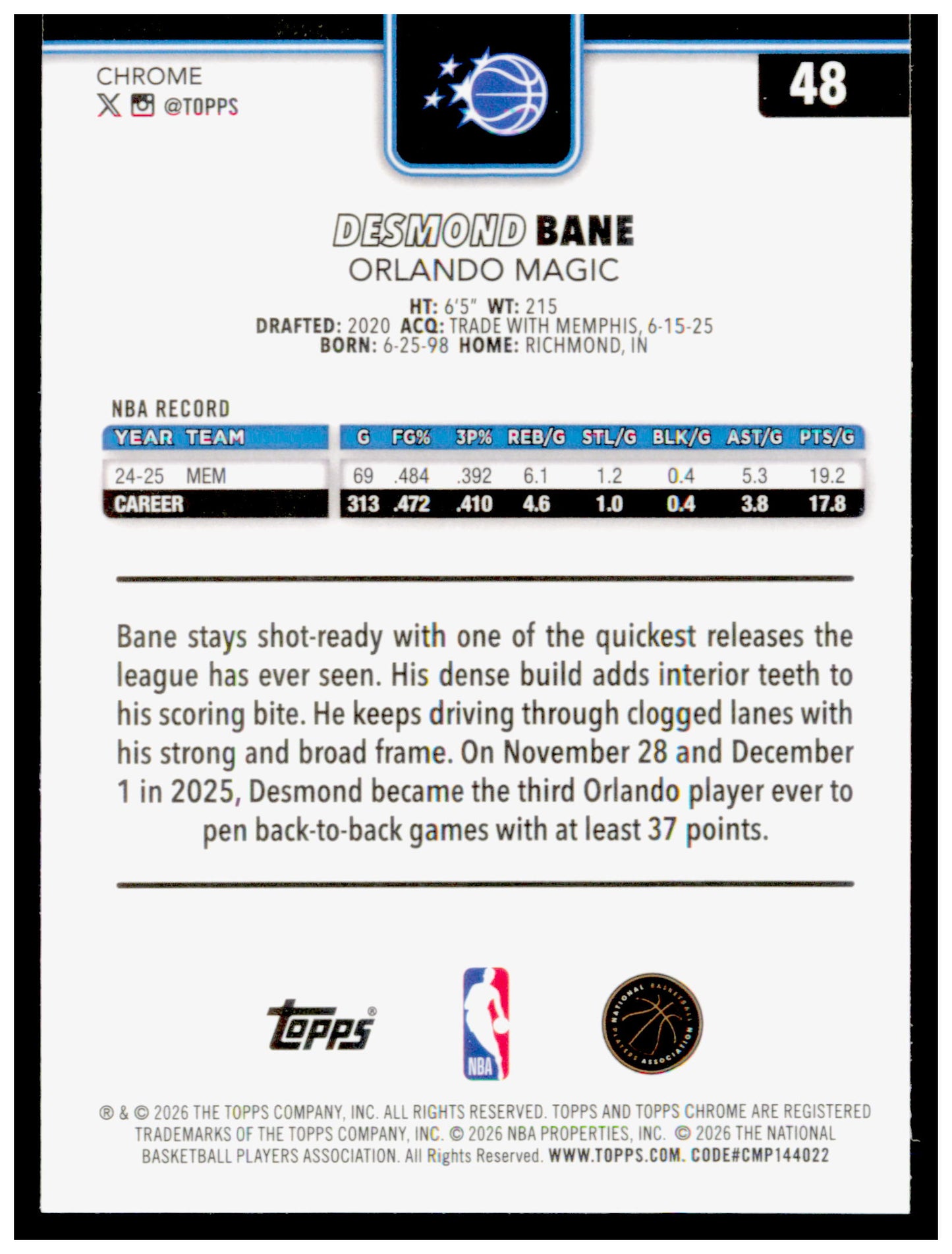 2025-26 Topps Chrome Update Desmond Bane Card Orlando Magic