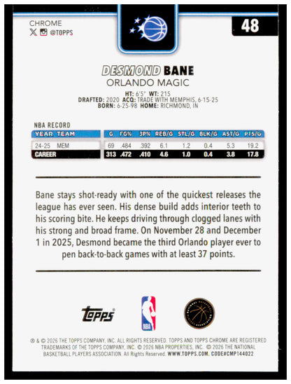 2025-26 Topps Chrome Update Desmond Bane Card Orlando Magic