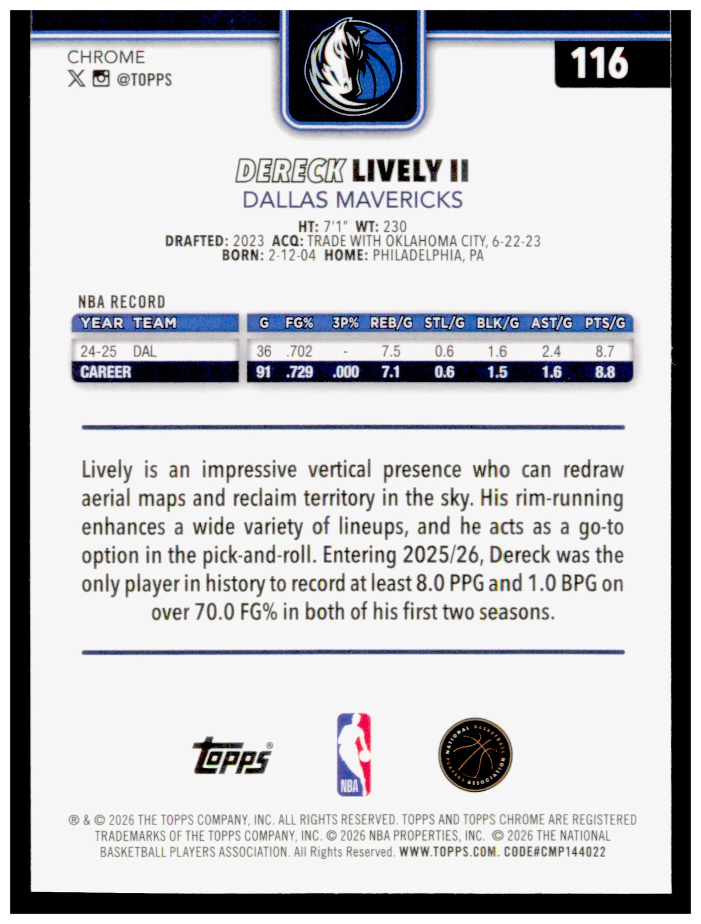 2025-26 Topps Chrome Update Dereck Lively II Card Dallas Mavericks