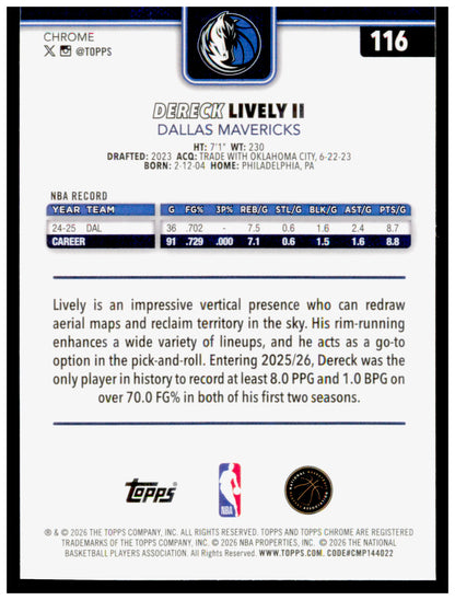 2025-26 Topps Chrome Update Dereck Lively II Card Dallas Mavericks