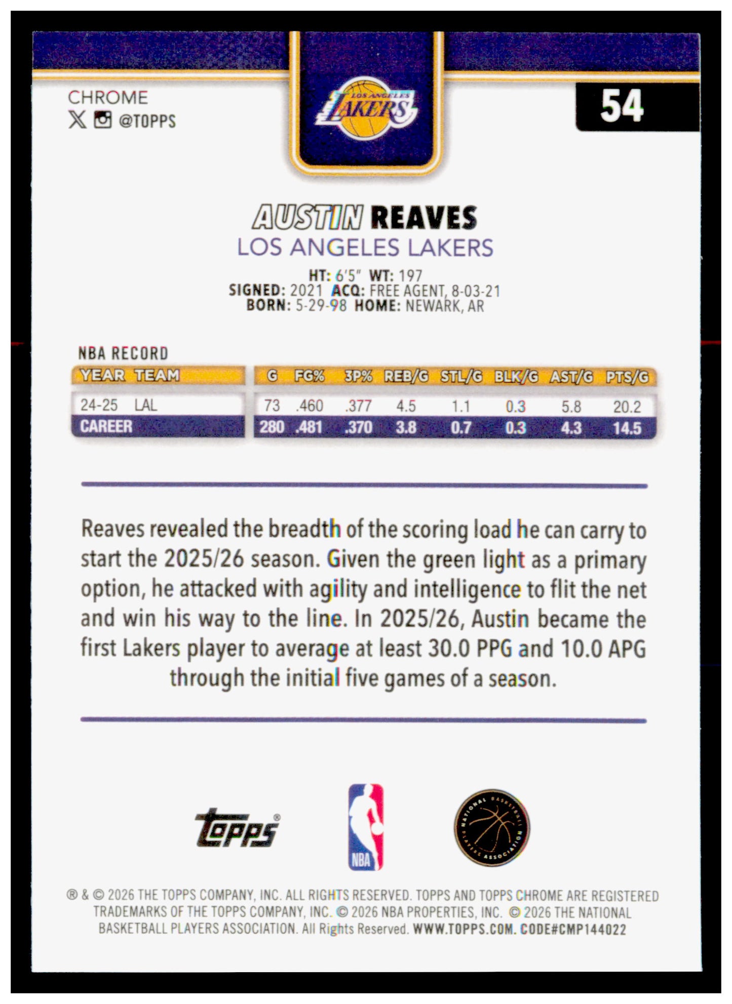2025-26 Topps Chrome Update Austin Reaves Card Los Angeles Lakers