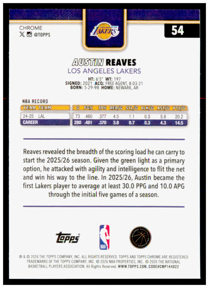 2025-26 Topps Chrome Update Austin Reaves Card Los Angeles Lakers