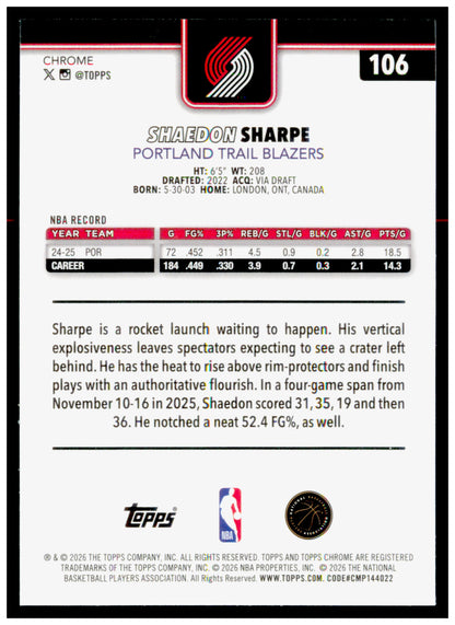2025-26 Topps Chrome Update Shaedon Sharpe Card Portland Trail Blazers